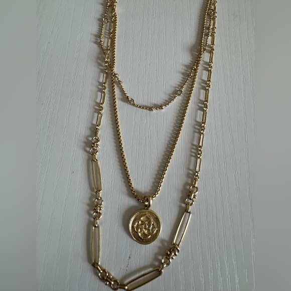 Kendra Scott Retired Gold 3 Layered Necklace with Logo Pendant—Mixed Chains - Picture 2 of 7